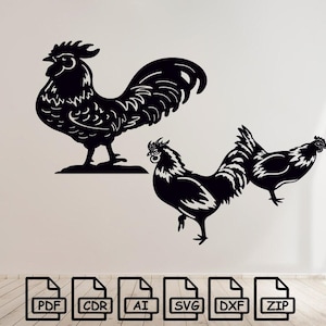 Chicken-Rooster-Hen-garden-farm-decoration file wall sticker pdf silhouette template cnc cutting router digital vector instant download