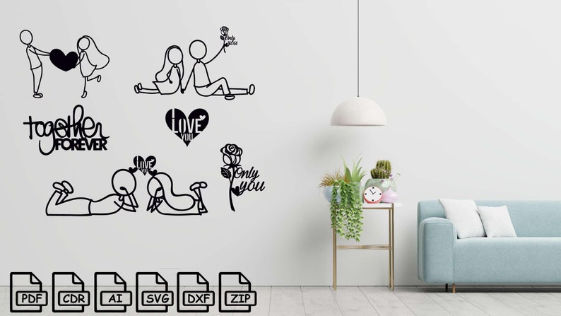Stick Figure Couple in Love (6pcs) Cut Svg Dxf File Wall Sticker Pdf ...