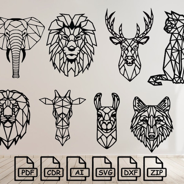 Geometric Animals (8pcs) cut svg dxf file wall sticker pdf silhouette template cnc cutting router digital vector instant download