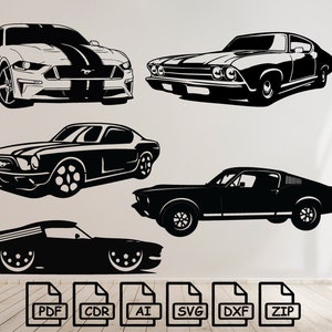以下が含まれることがあります： クラシックなアメリカの筋肉質な車の白黒ベクターイラスト5点セット。イラストにはフォード・マスタング、シボレー・シェベル、その他のクラシックカー3台が含まれています。イラストはPDF、CDR、AI、SVG、DXF、ZIP形式で入手できます。