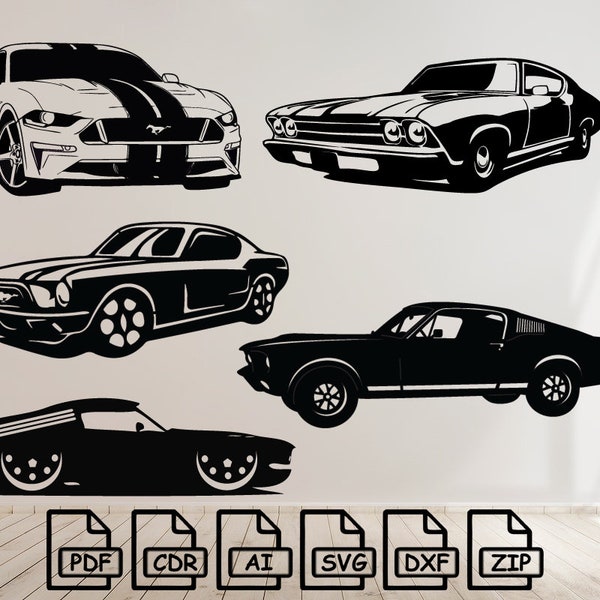 Ford Mustang, shelby svg, (5pcs) cut svg dxf file wall sticker pdf silhouette template cnc cutting router digital vector instant download