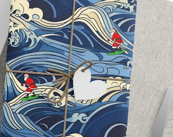 Surfing Santa Hokusai Style Christmas Wrapping Paper, sea ocean wrapping paper Hokusai wave wrapping paper wood block print wrapping paper