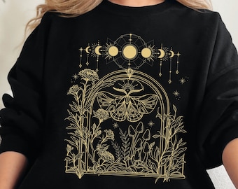 Luna Moth Sweatshirt, lunar phase gift moon phase shirt dark academia cottagecore aesthetic moth shirt whimsigoth mushroom foraging flower