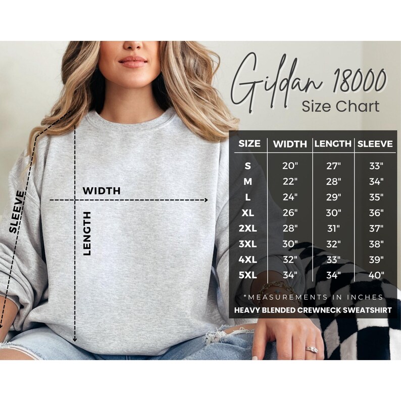 May include: Size chart for Gildan 18000 heavy blended crewneck sweatshirt. The chart shows measurements in inches for width, length, and sleeve length for sizes S through 5XL.