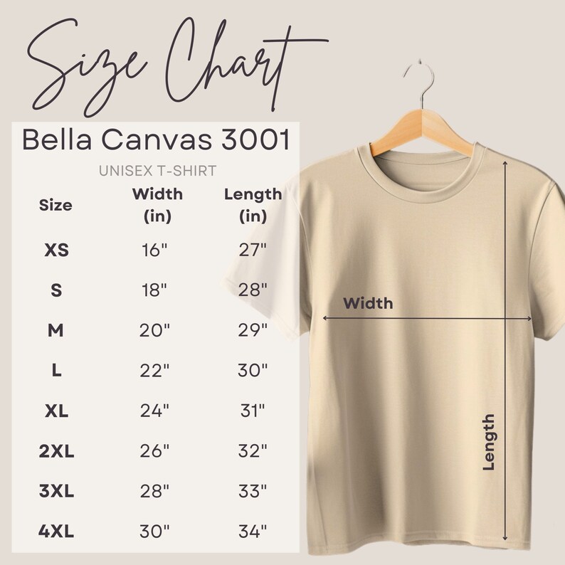 May include: Size chart for Bella Canvas 3001 unisex t-shirts. The chart shows the width and length in inches for sizes XS to 4XL.