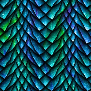 May include: A seamless pattern of blue, green, and purple dragon scales. The scales are arranged in a repeating pattern, creating a textured and iridescent effect.