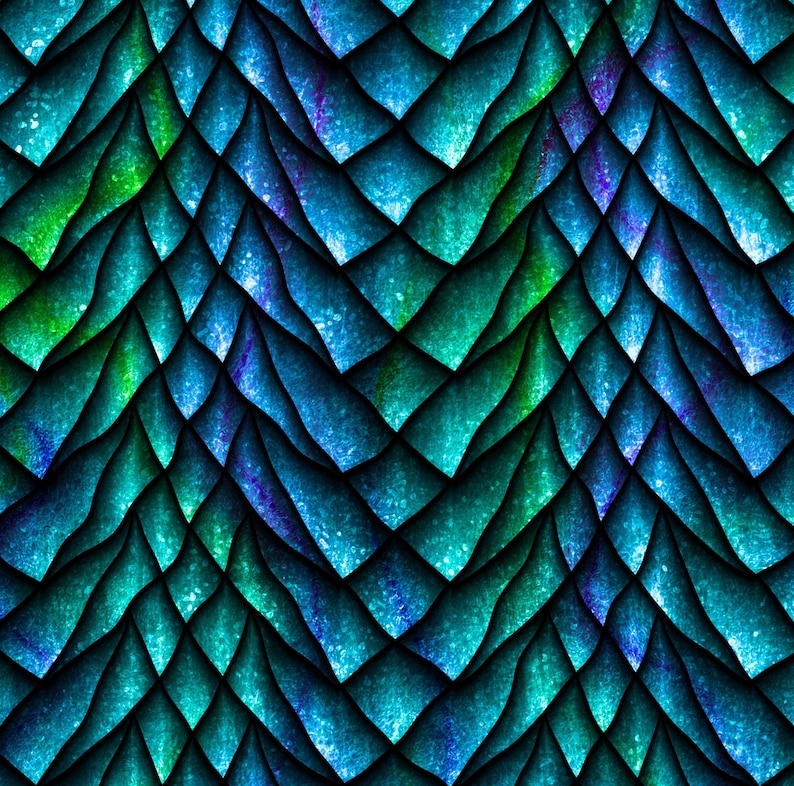 May include: A seamless pattern of blue, green, and purple dragon scales. The scales are arranged in a repeating pattern, creating a textured and iridescent effect.