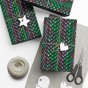 Dragon Scales Wrapping Paper, dragon gift wrap dinosaur lover gift dino scale wrapping paper fantasy game gift imaginary creature wrapper Green Purple