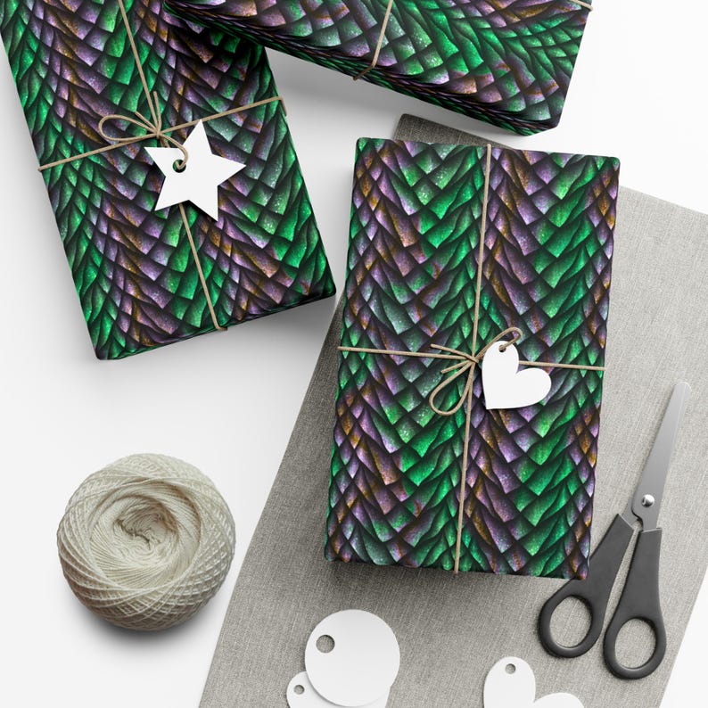 Dragon Scales Wrapping Paper, dragon gift wrap dinosaur lover gift dino scale wrapping paper fantasy game gift imaginary creature wrapper Green Purple