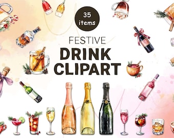 Watercolor Festive Drinks Clipart PNG, Holiday Cocktails Alcohol Bottles Mulled Wine, Party Drinks Graphics
