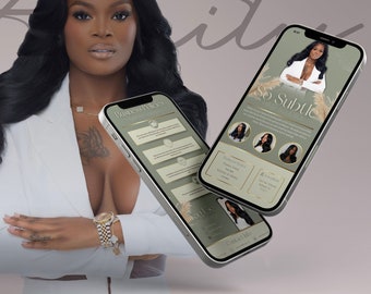 May include: Two smartphone screens with a green background and white text. The top screen shows a woman with long black hair wearing a white top and a gold necklace. The text on the screen reads "So Subtle" and "Hair Extensions". The bottom screen shows a list of business policies and contact information.
