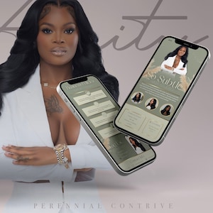 May include: Two smartphone screens with a green background and white text. The top screen shows a woman with long black hair wearing a white top and a gold necklace. The text on the screen reads "So Subtle" and "Hair Extensions". The bottom screen shows a list of business policies and contact information.