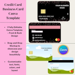 May include: A Canva template for credit card business cards. The design includes front and back mockups with customizable text, fonts, colors, and layout. The cards are black, blue, and white with a gold Canva logo.