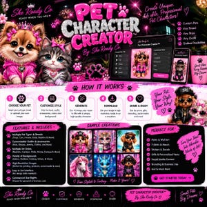 Può includere: Una grafica di marketing digitale per il Pet Character Creator di She Ready Co. con illustrazioni di cuccioli e gattini stilizzati in abiti rosa, un'interfaccia tablet, una guida passo dopo passo e un elenco di funzionalità e utilizzi.