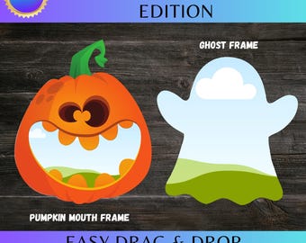 May include: An orange pumpkin with a smiling mouth and a green stem next to a white ghost shape with a blue and green landscape inside. The text reads "Pumpkin Mouth & Ghost Edition", "Pumpkin Mouth Frame", "Ghost Frame", and "Easy Drag & Drop Design".