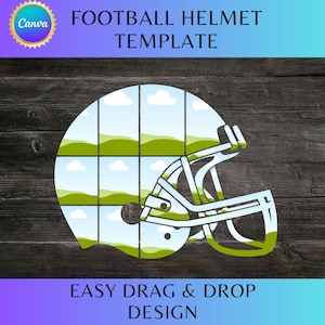 May include: A football helmet template design with a landscape background, featuring green hills, blue skies, and white clouds. The design includes the text "FOOTBALL HELMET TEMPLATE" and "EASY DRAG & DROP DESIGN". The Canva logo is in the upper left corner.