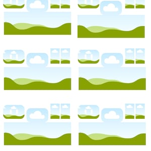 Może przedstawiać: Powtarzający się wzór ilustracji krajobrazów. Każda scena przedstawia zielone, faliste wzgórze pod błękitnym niebem z białą chmurą. Obecne są również dodatkowe mniejsze ilustracje chmur i wzgórz.