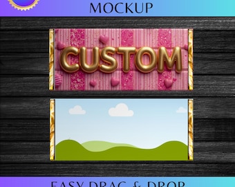 May include: A chocolate bar mockup with a pink and white striped design and gold "CUSTOM" lettering. The bottom bar features a landscape design with green hills and a blue sky. The text "EASY DRAG & DROP DESIGN" is at the bottom.