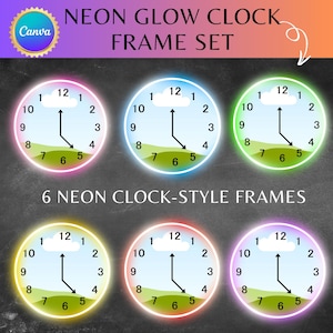 Op de afbeelding: Zes neon klokstijl frames op een zwarte achtergrond. Elke wijzerplaat heeft een witte wolk, groen gras en zwarte wijzers. De wijzerplaten zijn omlijnd in roze, blauw, groen, geel, oranje en paars. De tekst "NEON GLOW CLOCK FRAME SET" staat bovenaan.