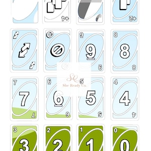 May include: A collection of Uno playing cards with various numbers and action symbols. The cards feature a white background with blue and green borders. Numbers range from 0 to 9, with special cards like "+4" and "Reverse". The text "She Ready Co." is visible.