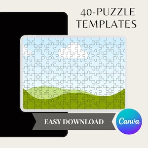 May include: A digital image of a puzzle with a landscape scene of a blue sky, white sun, and green hills. The text "40-PUZZLE TEMPLATES" is at the top, with "EASY DOWNLOAD" and a Canva logo at the bottom.