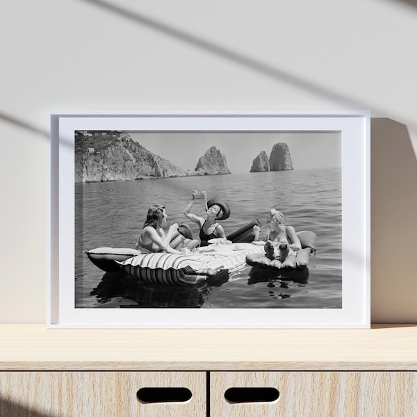 Women Eating Pasta On Water, Vintage Print, Photography Print, Black White Photo Print, Lifestyle Print, Museum Quality Photo Print