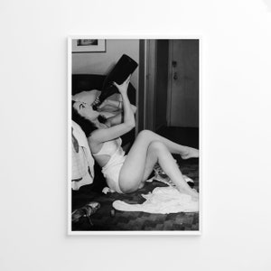 Woman Drinking Wine in Bed Poster, Flapper Girl, Vintage Print, Photography Print, Black White Print, Museum Quality Photo Print