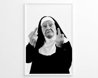 Funny Nun Middle Fingers, Vintage Print, Photography Print, Black White Photo Print, Lifestyle Print, Museum Quality Photo Print