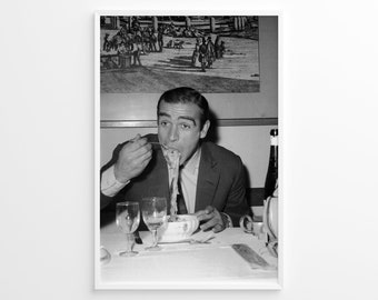 James Bond Eating Spaghetti Poster, Vintage Print, Photography Print, Black White Photo Print, Lifestyle Print, Museum Quality Photo Print