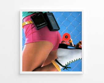 May include: A woman wearing pink shorts and white roller skates with a yellow belt and a Sony Walkman attached to her belt. The background is a blue chain link fence.