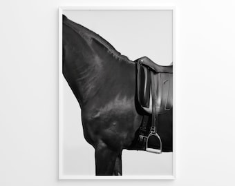 May include: Black and white photograph of a horse's back with a black leather saddle and stirrups.