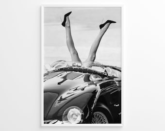 High Heels in Car, Woman Photography, Vintage Print, Photography Print, Black White Photo Print, Lifestyle Print, Museum Quality Photo Print