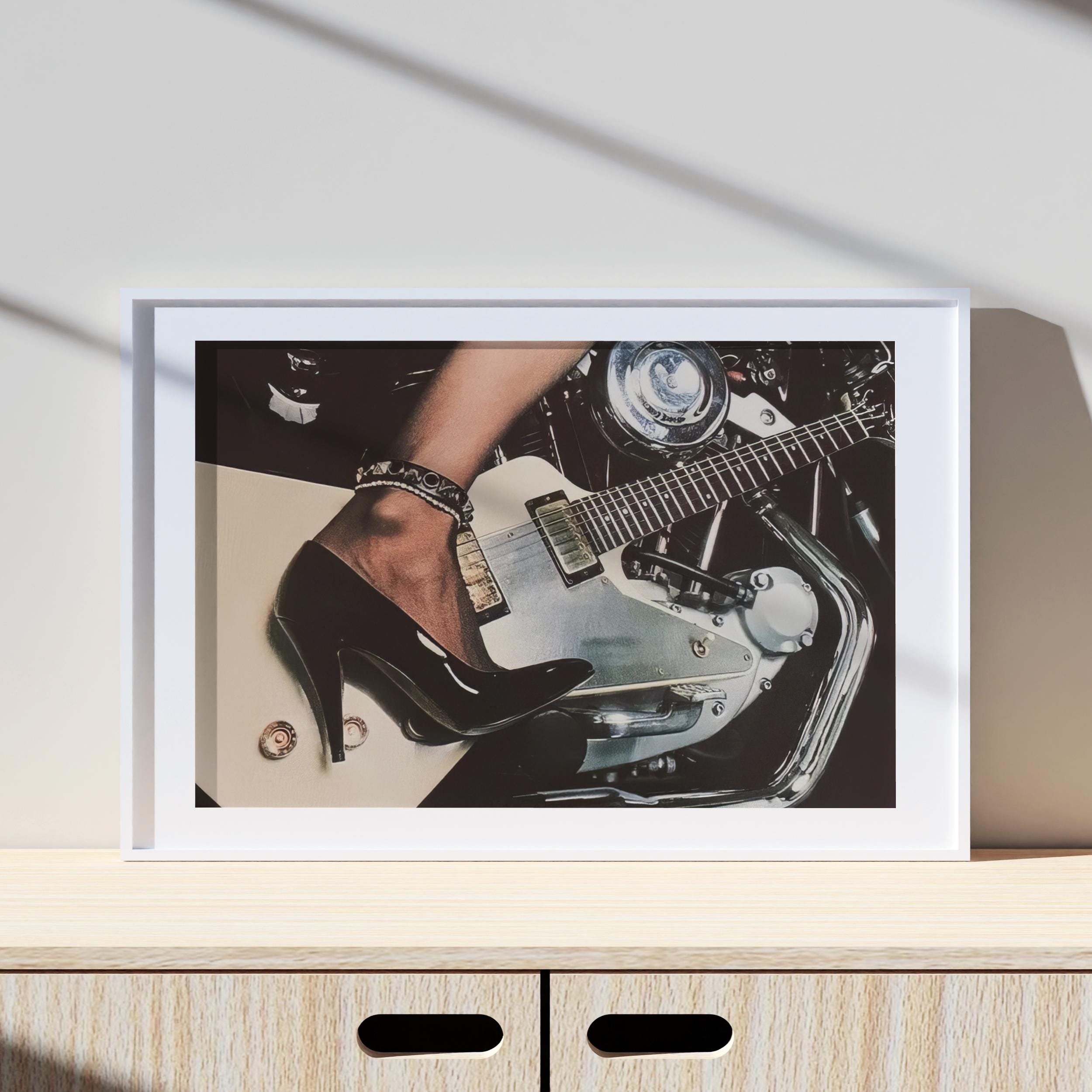 Motorcycle and Guitar, Motorcycle Vintage Print, Photography Print, Black White Photo Print, Lifestyle Print, Museum Quality Photo Print