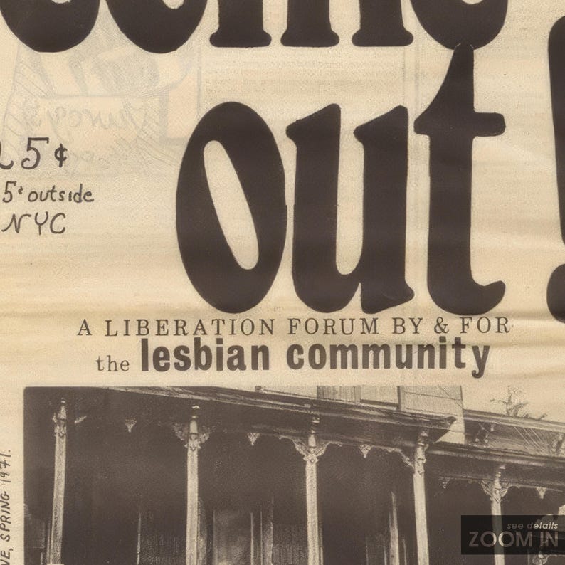 May include: A black and white photo of a building with the text "Come out! A liberation forum by & for the lesbian community" printed on top.
