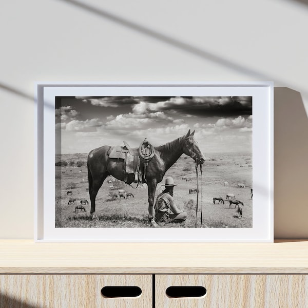 Impresión vintage de vaquero, vaquero texano y caballo, 1910, arte del Muro de las Lamentaciones, impresión fotográfica, impresión fotográfica en blanco y negro, impresión fotográfica con calidad de museo
