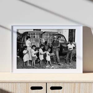 African American Children Bookmobile Stop Poster, Vintage Print, Photography Print, Black White Photo Print, Museum Quality Photo Print