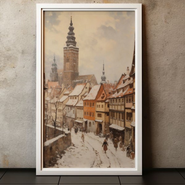 Vintage Wall Art Painting Of Snowcapped German City