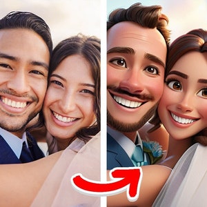 May include: A photo of a couple smiling at the camera. The photo on the left is a real photo and the photo on the right is a cartoon version of the couple.