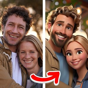 May include: A couple poses for a photo, the man on the left has a casual look with a brown jacket, the woman on the right is wearing a grey sweater. The couple on the right is a cartoon version of the couple on the left.