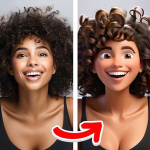 May include: A side-by-side comparison of a woman with curly hair and a cartoon version of her. The woman on the left has dark brown curly hair and is wearing a black tank top. The cartoon version on the right has brown curly hair and is wearing a black tank top. An arrow points from the woman to the cartoon version.