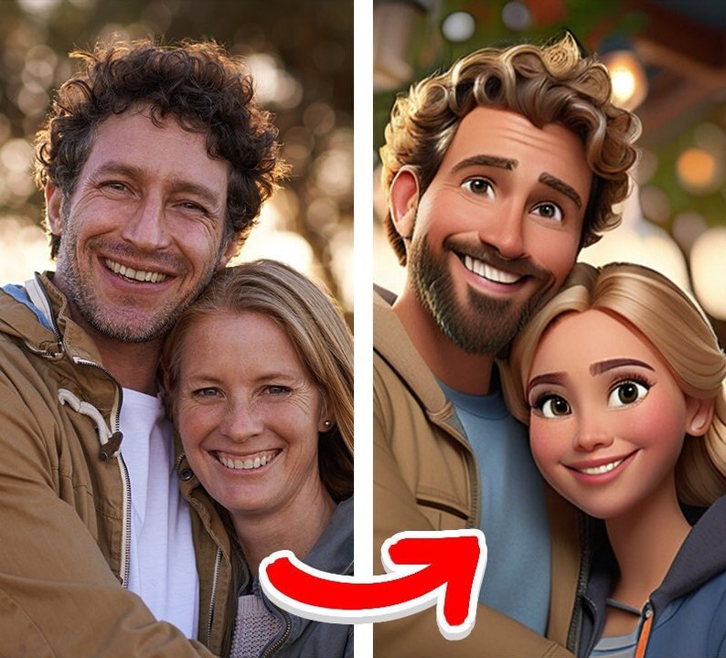 May include: A couple poses for a photo, the man on the left has a casual look with a brown jacket, the woman on the right is wearing a grey sweater. The couple on the right is a cartoon version of the couple on the left.