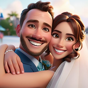 May include: A smiling couple poses for a photo in front of a blurred background. The woman is wearing a white wedding dress with a veil and the man is wearing a blue suit with a light blue tie.