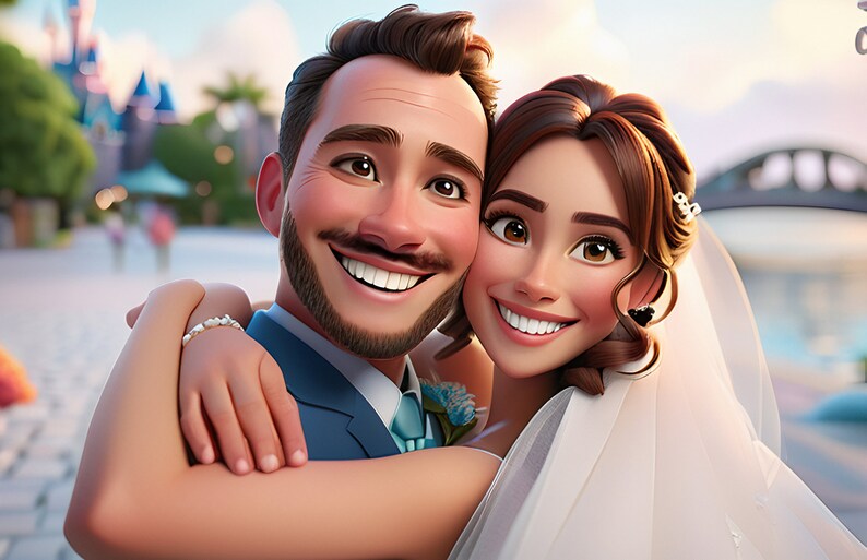 May include: A smiling couple poses for a photo in front of a blurred background. The woman is wearing a white wedding dress with a veil and the man is wearing a blue suit with a light blue tie.