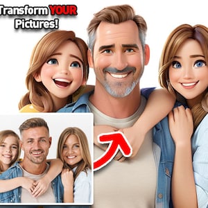 May include: A cartoon illustration of a family with two daughters and a father. The father is wearing a blue denim shirt and the daughters are wearing a yellow shirt and a light blue shirt. The text "Transform YOUR Pictures!" is at the top of the image.