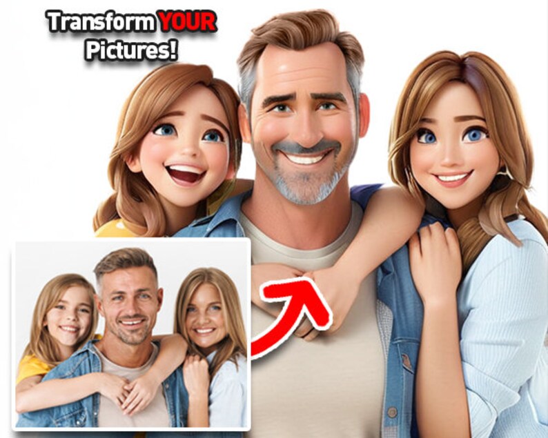 May include: A cartoon illustration of a family with two daughters and a father. The father is wearing a blue denim shirt and the daughters are wearing a yellow shirt and a light blue shirt. The text "Transform YOUR Pictures!" is at the top of the image.