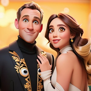 May include: A man and a woman in formal attire. The man is wearing a black suit jacket with gold embroidery and a large eye design. The woman is wearing a white dress with her hair styled in loose waves.