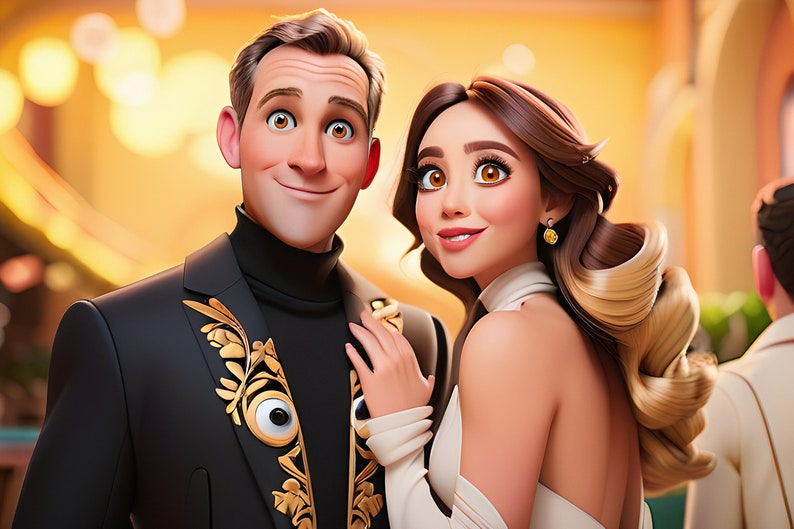May include: A man and a woman in formal attire. The man is wearing a black suit jacket with gold embroidery and a large eye design. The woman is wearing a white dress with her hair styled in loose waves.