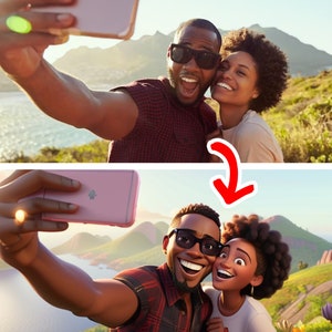 May include: A couple takes a selfie in front of a scenic mountain view. The man is wearing a red plaid shirt and sunglasses. The woman is wearing a white shirt and has curly hair.