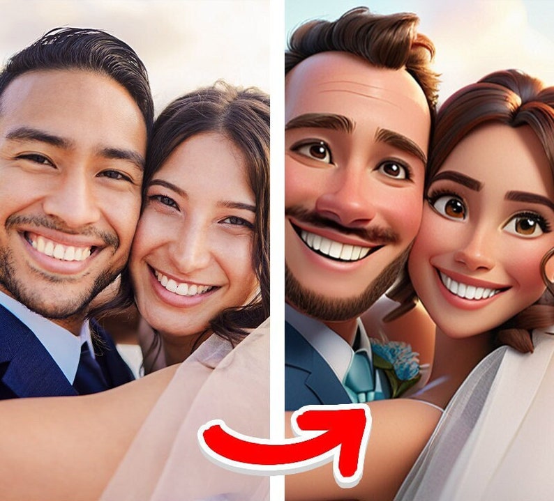 May include: A photo of a couple smiling at the camera. The photo on the left is a real photo and the photo on the right is a cartoon version of the couple.