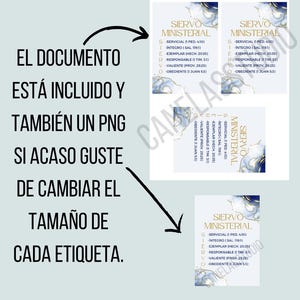 K&ouml;nnte beinhalten: Bedruckte Karten mit dem Text "SIERVO MINISTERIAL" und Bibelstellen, mit einem blau-goldenen Aquarelldesign. Der spanische Text lautet: "EL DOCUMENTO EST&Aacute; INCLUIDO Y TAMBI&Eacute;N UN PNG SI ACASO GUSTE DE CAMBIAR EL TAMA&Ntilde;O DE CADA ETIQUETA."